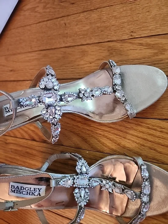 Badgley Mischka Women's Metallic Gold Gem-Embellished Strappy Wedge Sandals - Picture 6 of 10